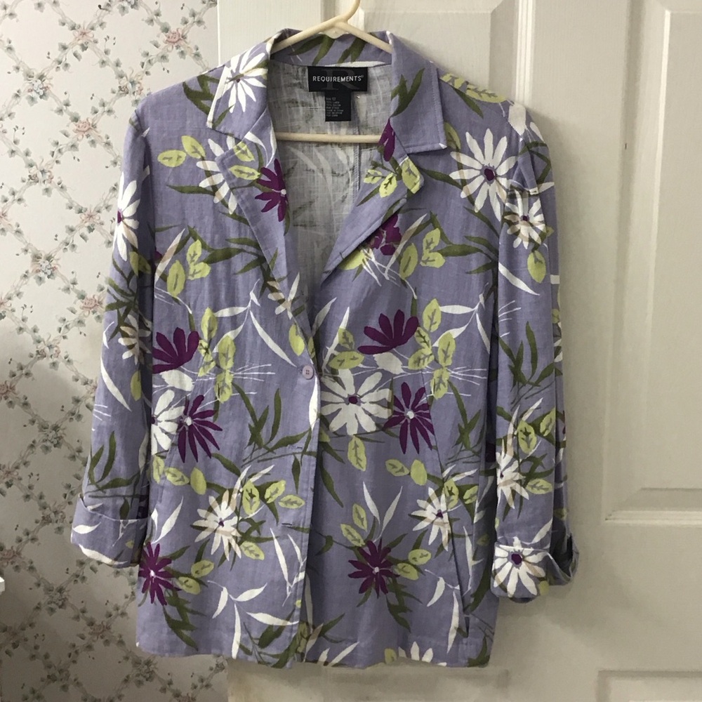 Requirements Vintage Sz 12 Lilac Floral Linen & Rayon Lightweight Button Blazer.